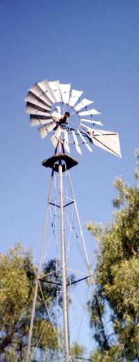 Windmill with trees and a blue sky in the background