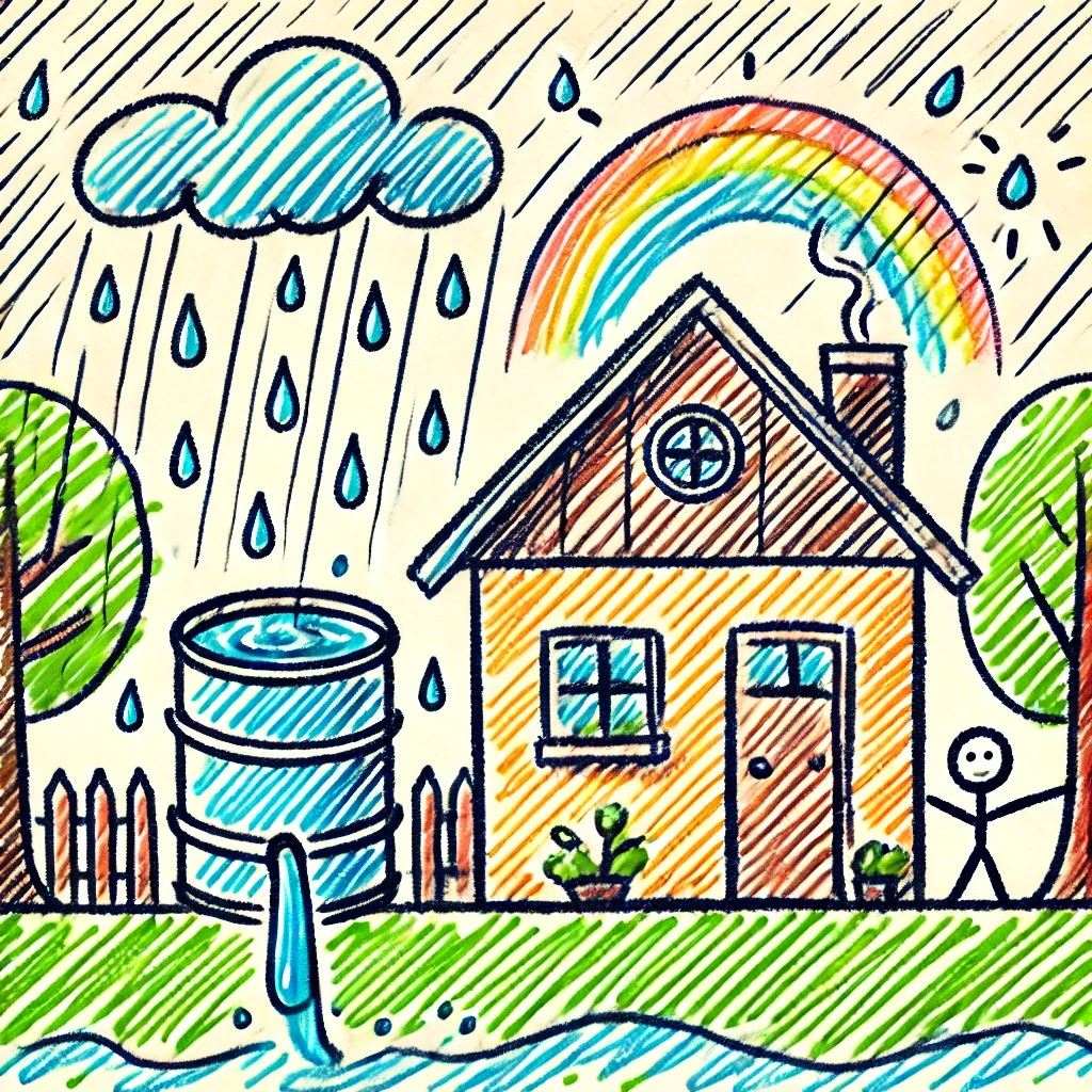 Child drawing of a house with rain and a rain barrel catching the rain