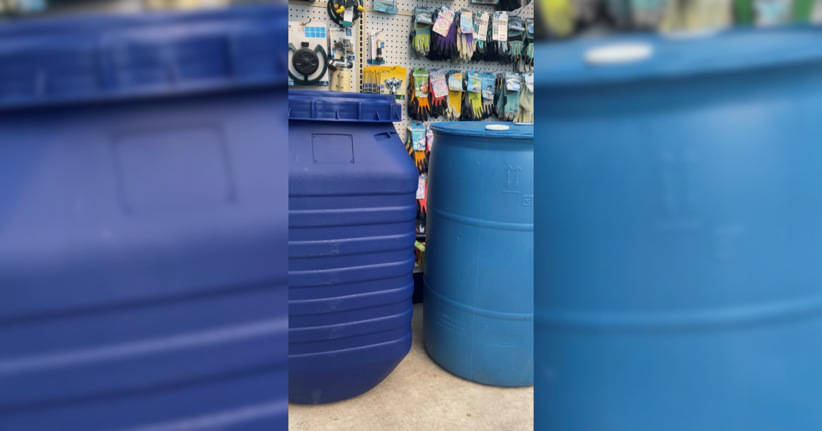 Blue rain barrels displayed in a garden supply store.